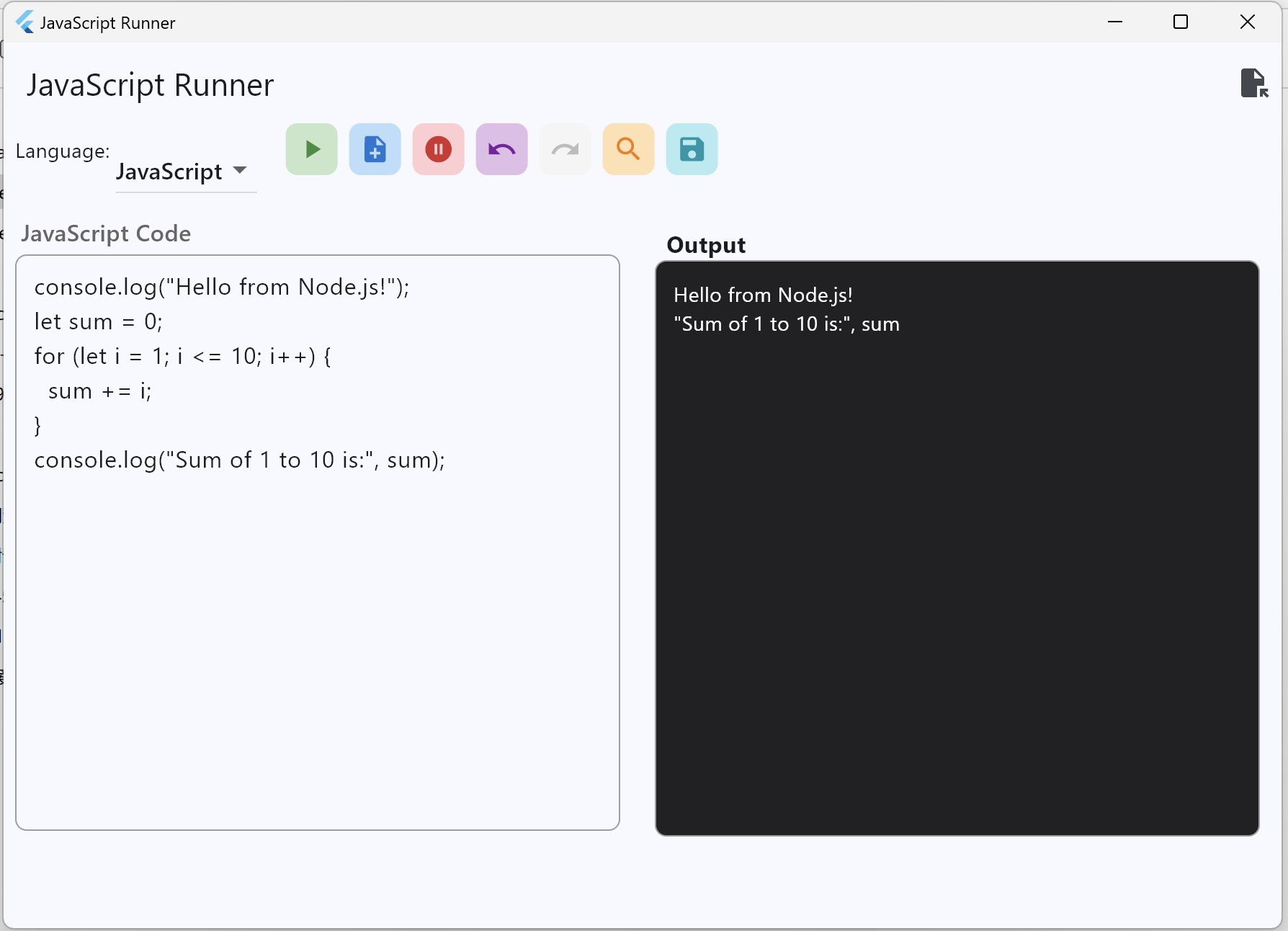 Captura de pantalla de Node.js/JavaScript Runner