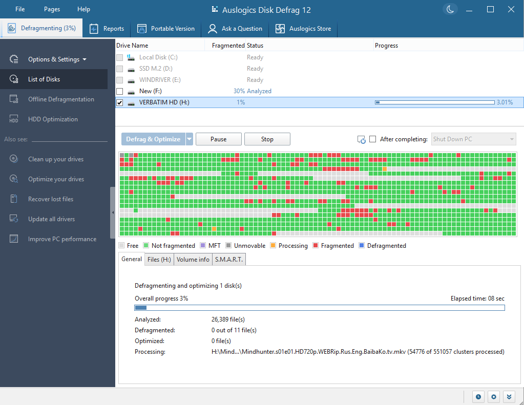 Captura de pantalla de Auslogics Disk Defrag