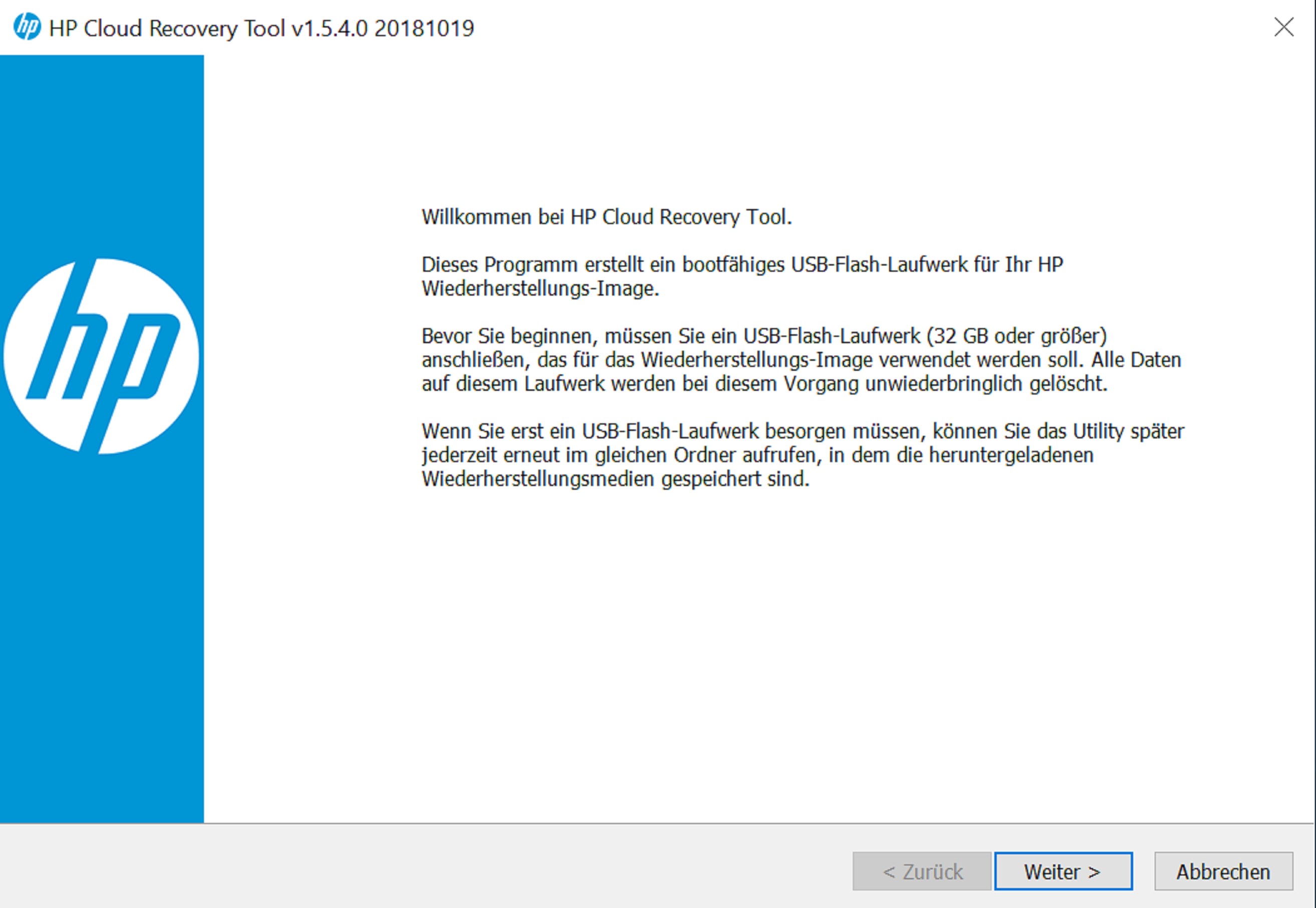 HP Cloud Recovery Tool Screenshot