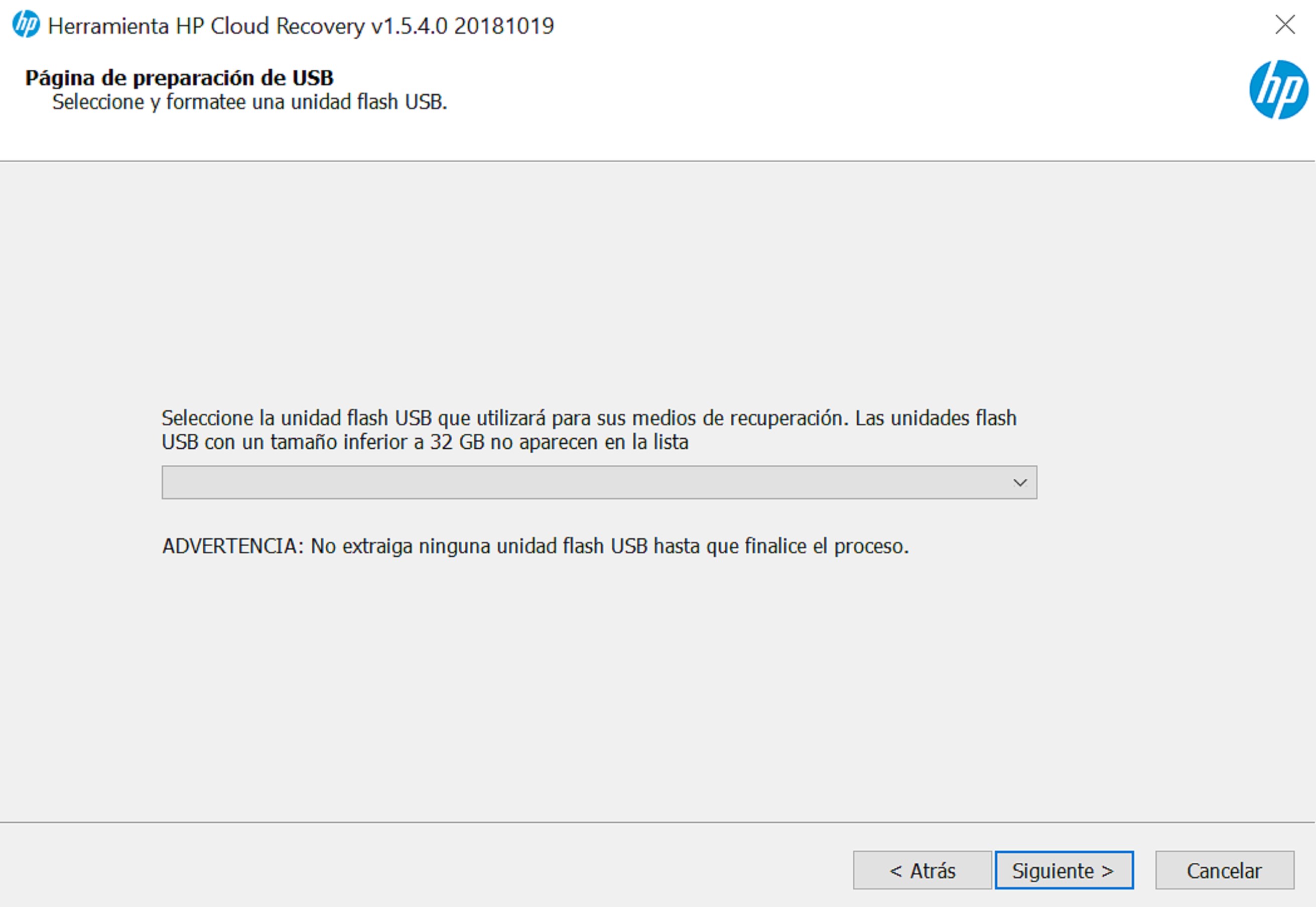 Captura de pantalla de HP Cloud Recovery Tool