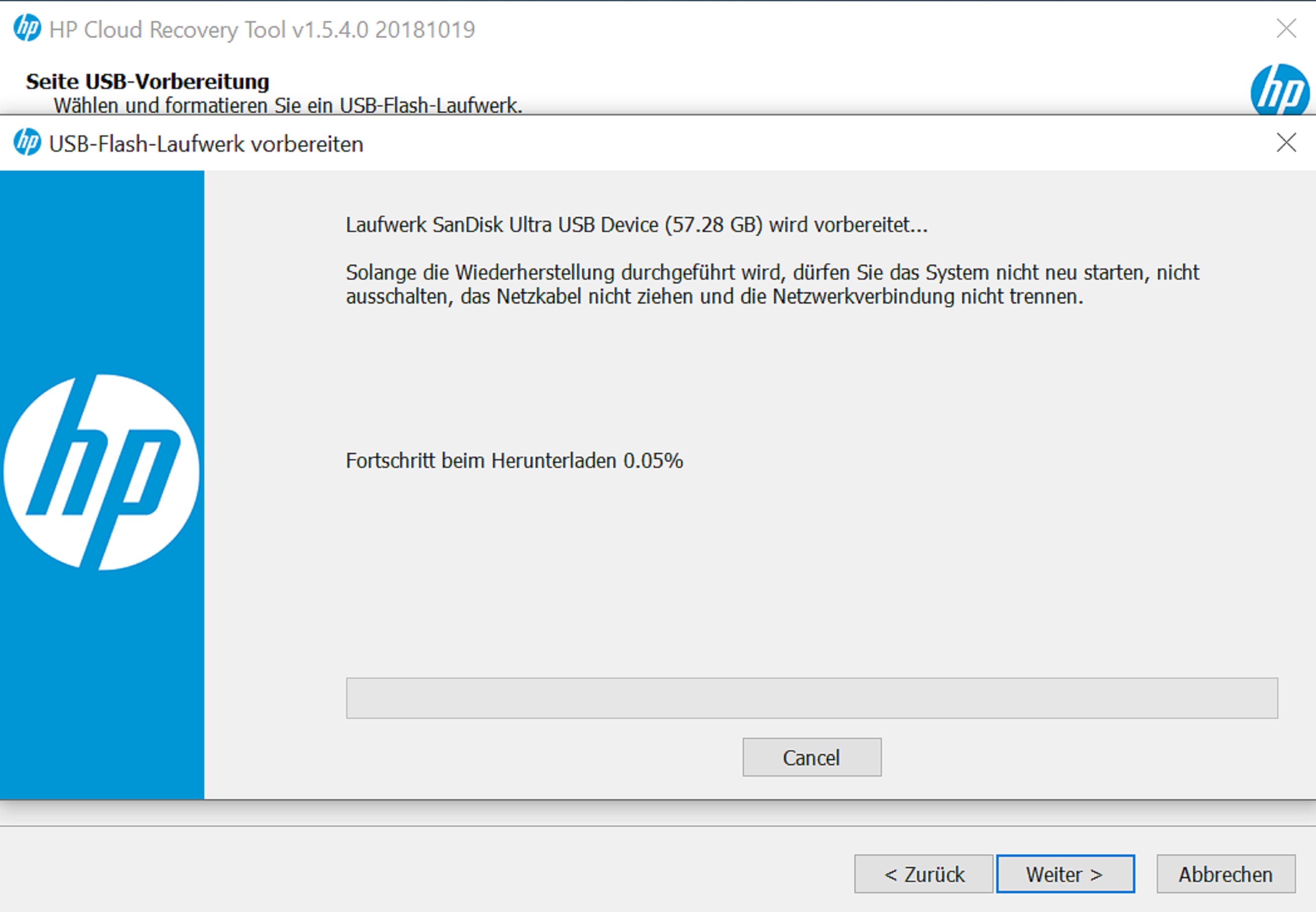 HP Cloud Recovery Tool Screenshot