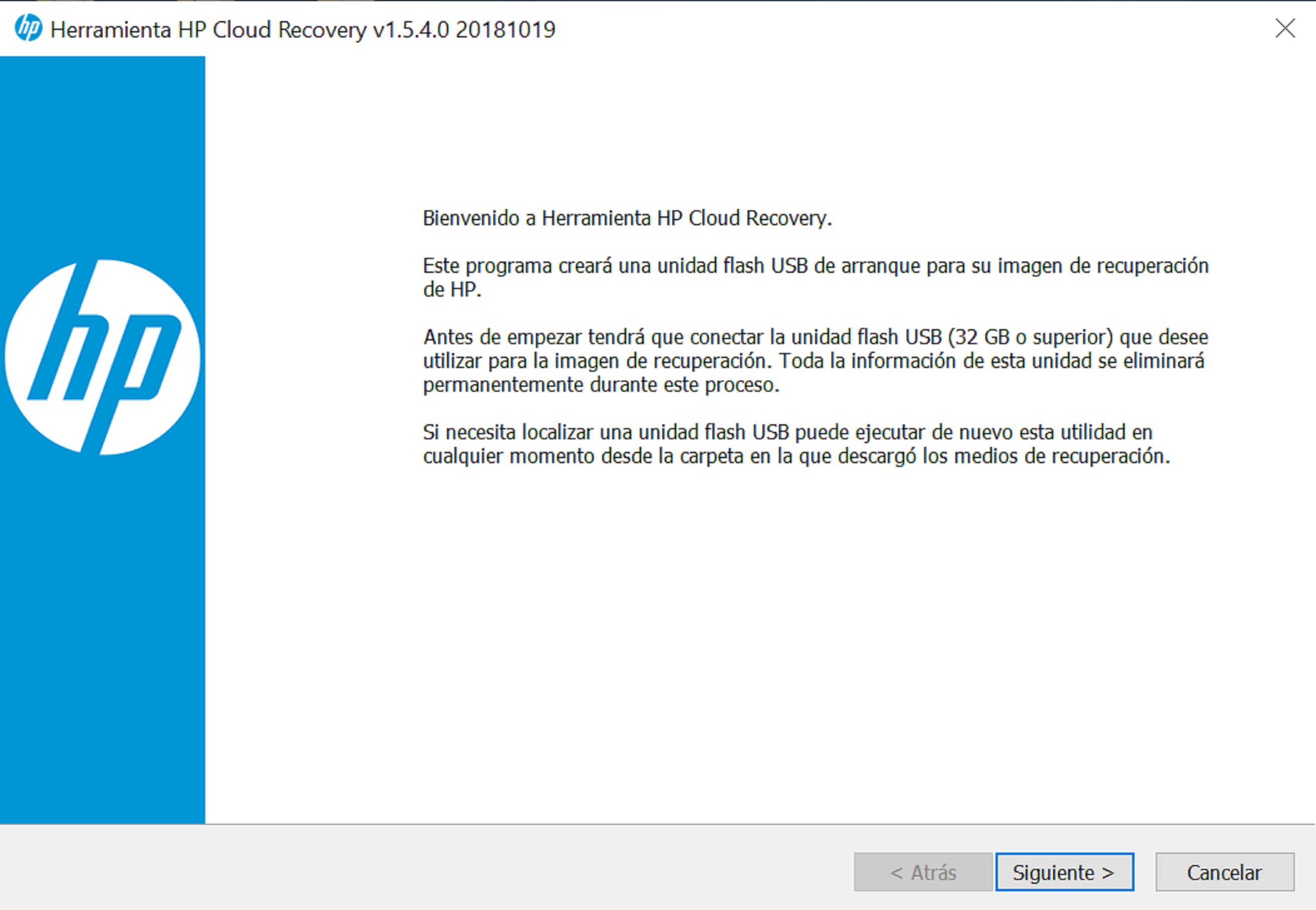 Captura de pantalla de HP Cloud Recovery Tool