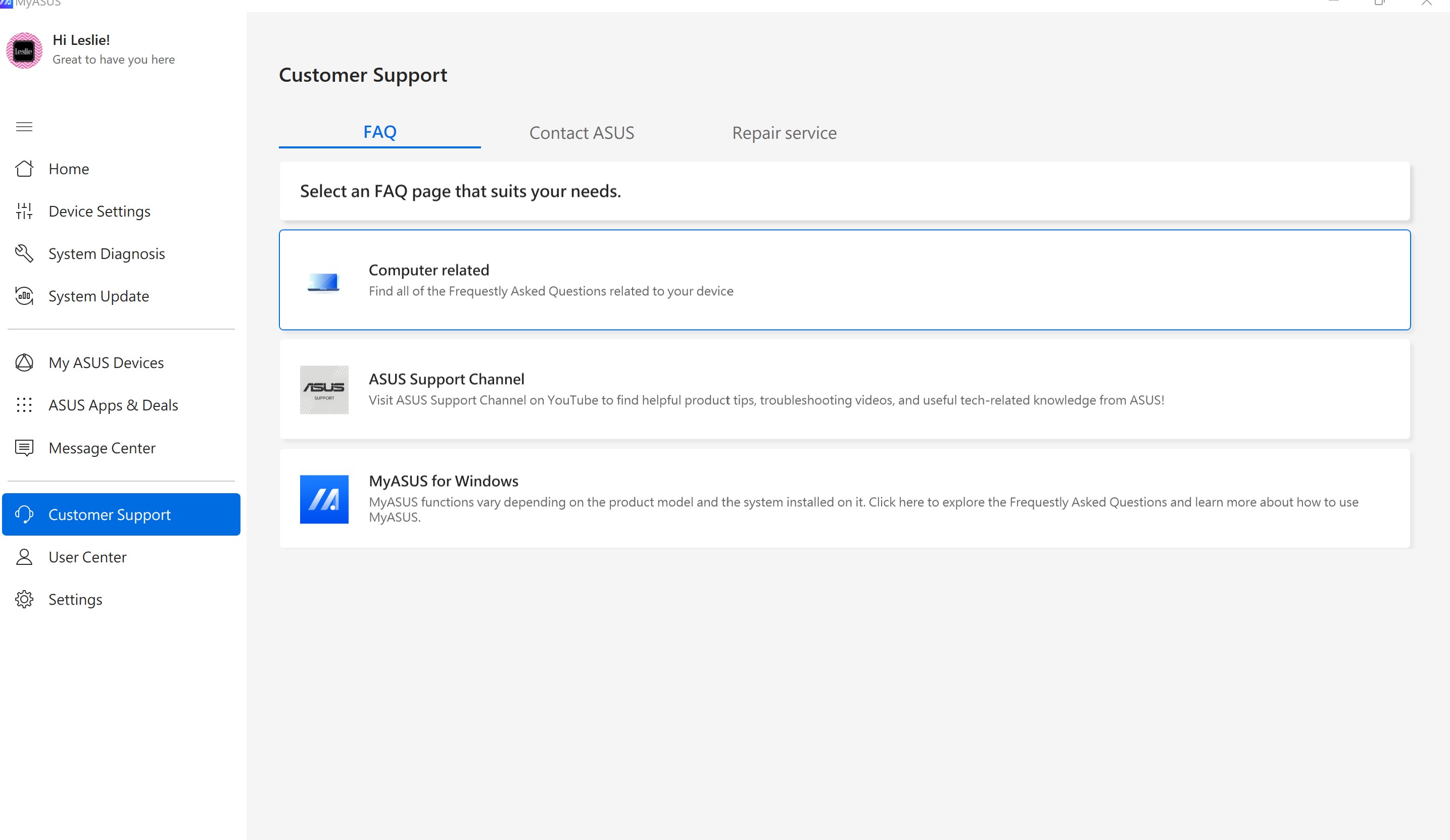 MyASUS screenshot