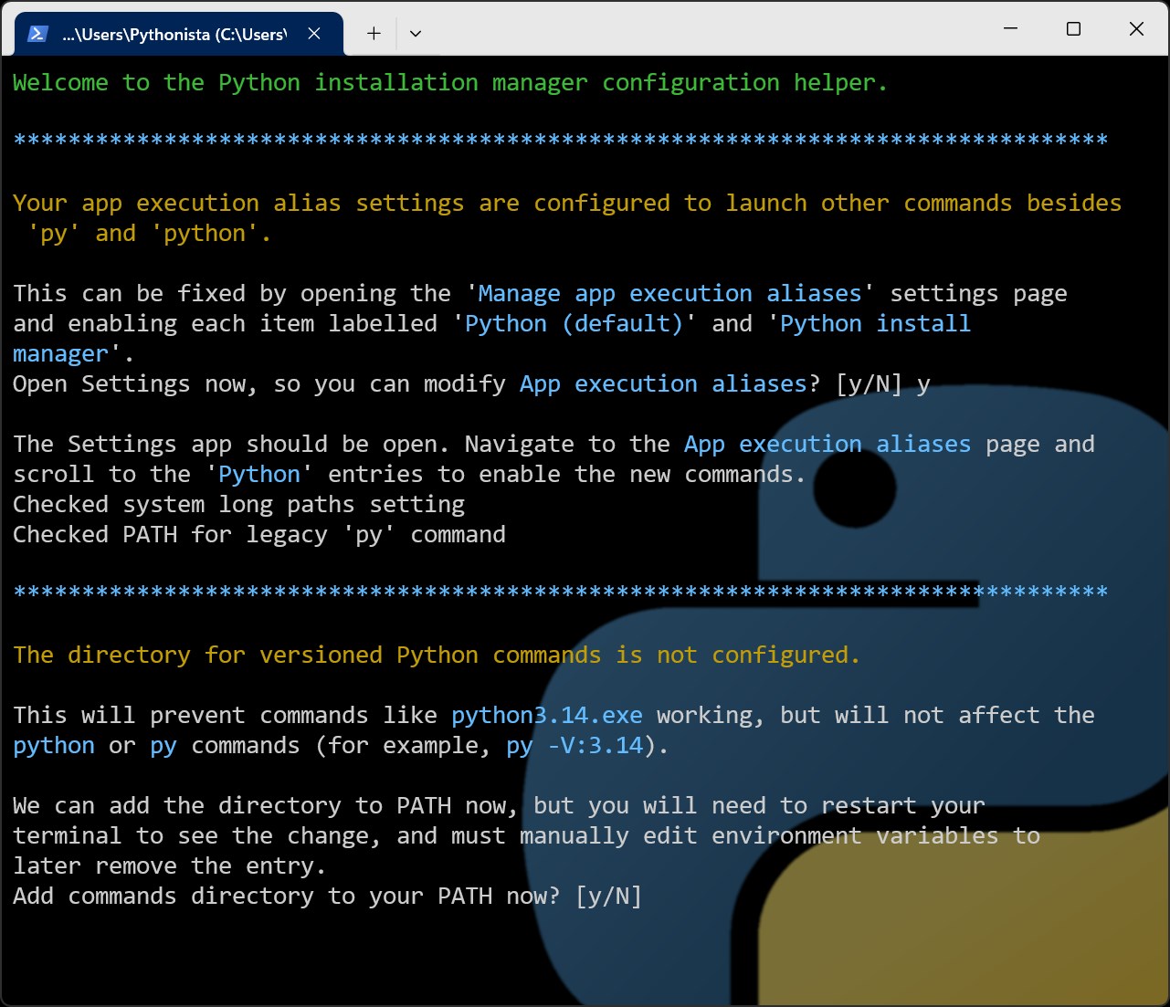 Captura de pantalla de Python Install Manager