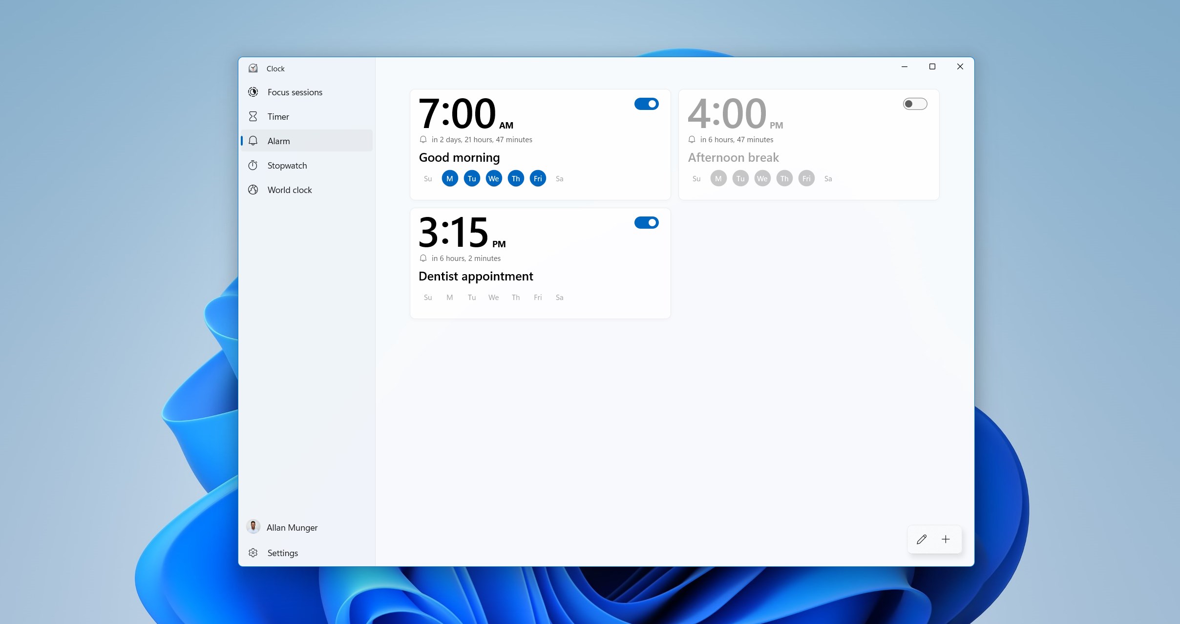 Captura de pantalla de Alarmas y reloj de Windows