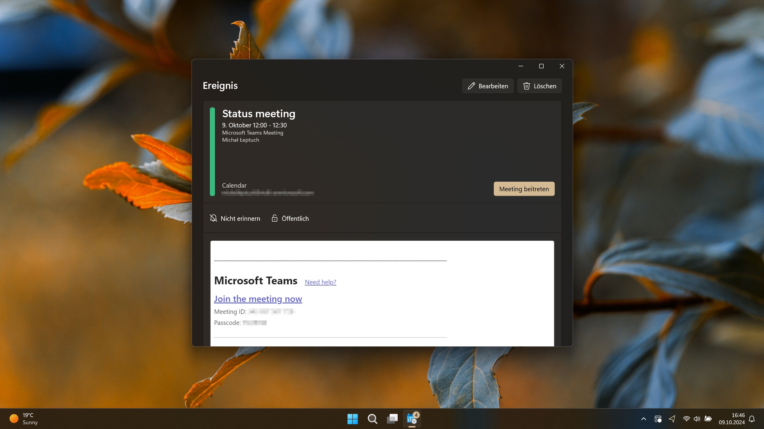 Calendar Flyout Screenshot